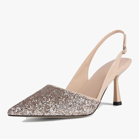 Orzomminun (Amazon) Shoes - Orzomminun Nude Glitter Slingback Kitten Heels - size 10